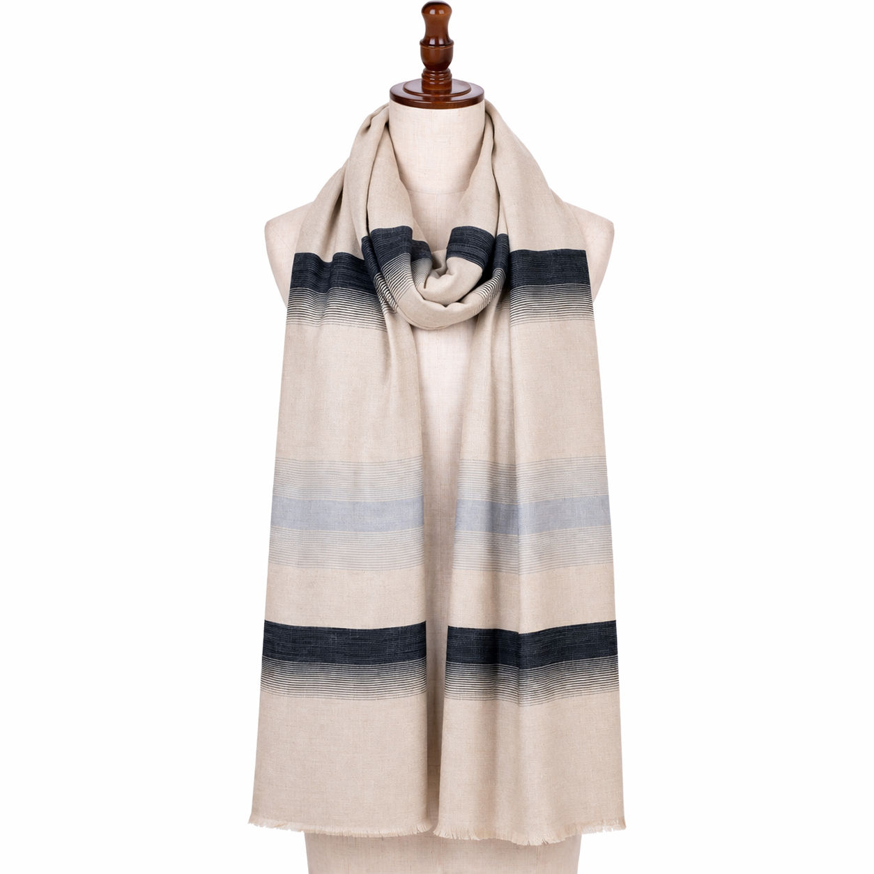 Beige Wool Scarf With Bold Stripes Scarf